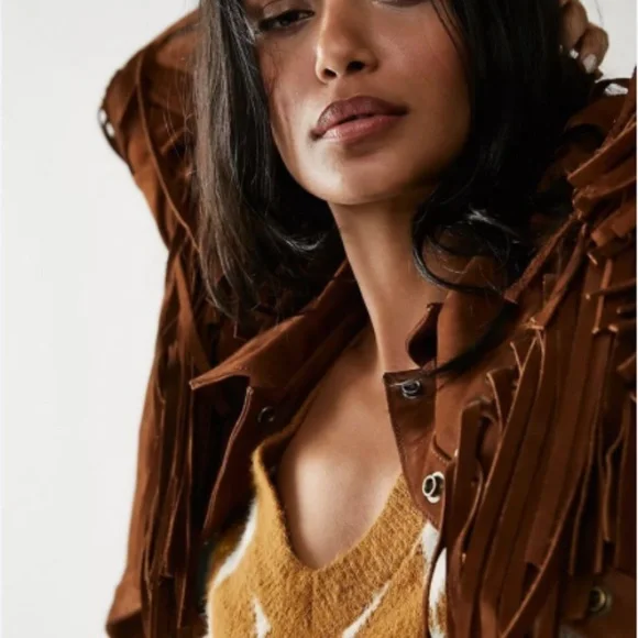 Free People Understated Brown Leather Fringe Mustang Jacket - Picture 2 of 7